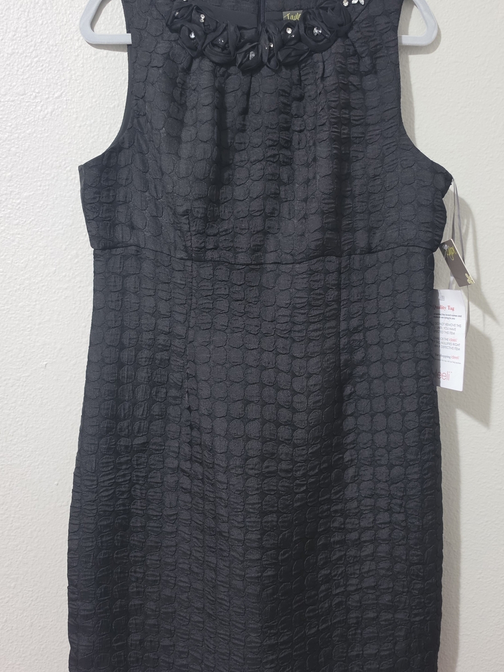 Taylor Dresses Black Textured Sleeveless Sheath with Beaded Floral Collar